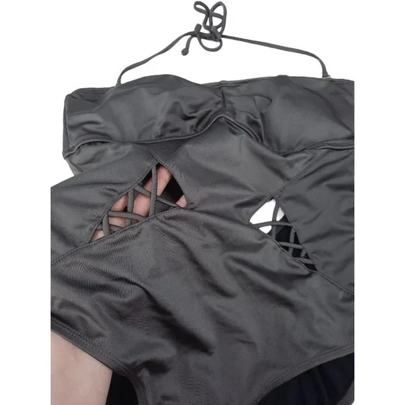 Y2K apostrophe Metallic Gray Cutout Halter Convertible Swimsuit Size L Backless - Picture 2 of 9